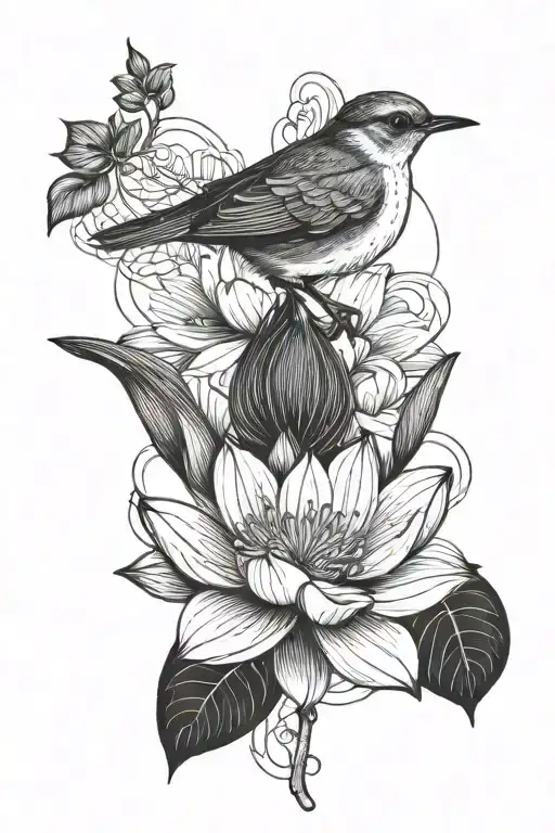 lotus flower and robin bird tattoo design idea