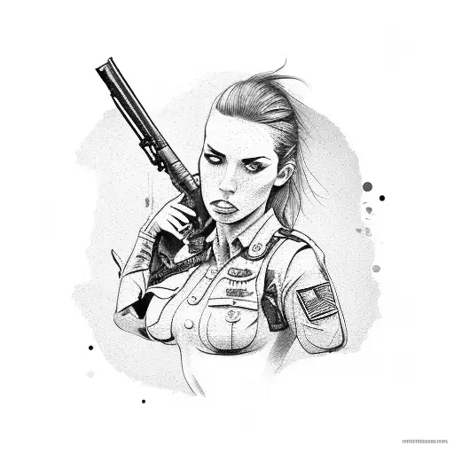 female soldier in bikini with m16 and military working dog tattoo design idea