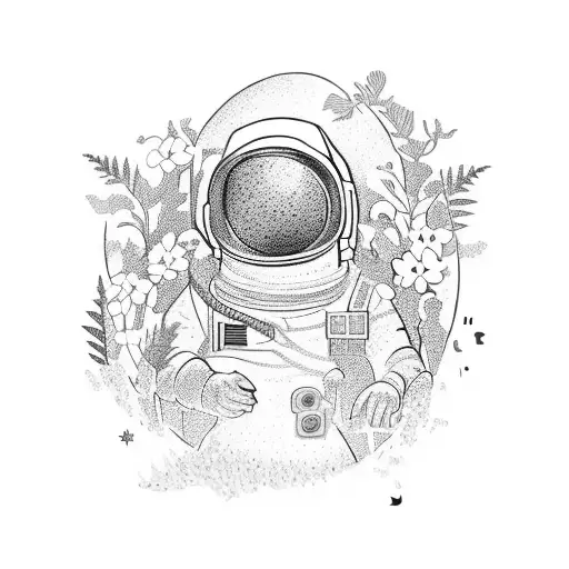 An astronaut exploring a garden filled with vibrant flores plants tattoo design idea