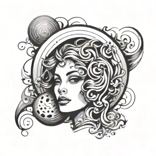 A bowling ball morphing into a beautiful woman's face, surrounded by swirling patterns representing movement and grace tattoo design idea