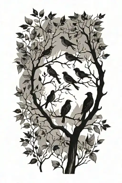 silouhette branch with birds perched tattoo design idea
