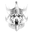 A detailed sketch of a loyal and protective dog wearing a Viking helmet, embodying the client's love for dogs and respect for their loyalty tattoo design idea