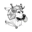 A detailed sketch of a loyal and protective dog wearing a Viking helmet, embodying the client's love for dogs and respect for their loyalty tattoo design idea