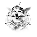 A detailed sketch of a loyal and protective dog wearing a Viking helmet, embodying the client's love for dogs and respect for their loyalty tattoo design idea