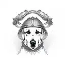 A detailed sketch of a loyal and protective dog wearing a Viking helmet, embodying the client's love for dogs and respect for their loyalty tattoo design idea