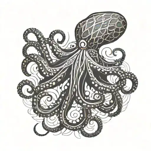 geometric octopus with tentacles reaching out. some tentacles are cut open injuring the octopus a bit  tattoo design idea