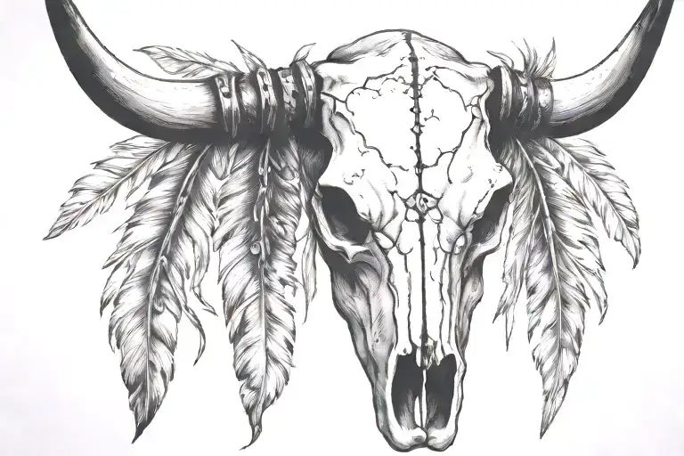 boho longhorn cow skull with feathers hanging tattoo design idea