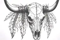boho longhorn cow skull with feathers hanging tattoo design idea