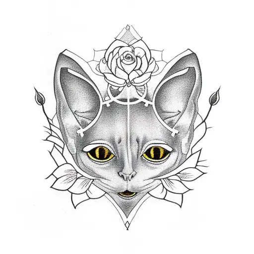 sphinx cat with crown roses tattoo design idea