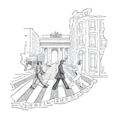 a tattoo of the beatles abbey road picture with the beatles also being the letters A Y N L tattoo design idea