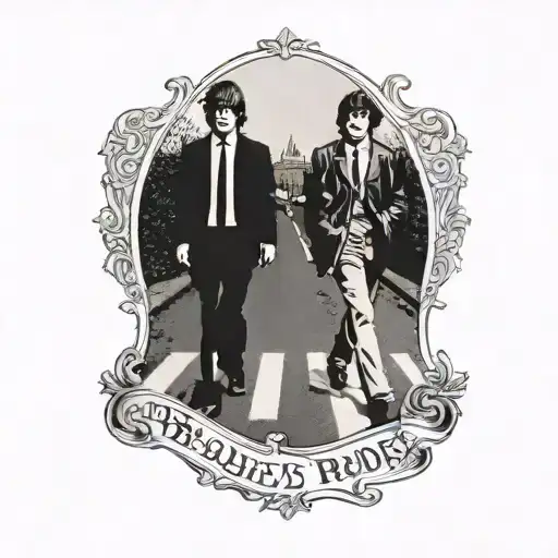 a tattoo of the beatles abbey road picture with the beatles also being the letters A Y N L tattoo design idea