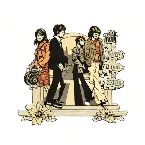 generate a tattoo of the beatles abbey road picture with the beatles aldo being the letters A Y N L tattoo design idea