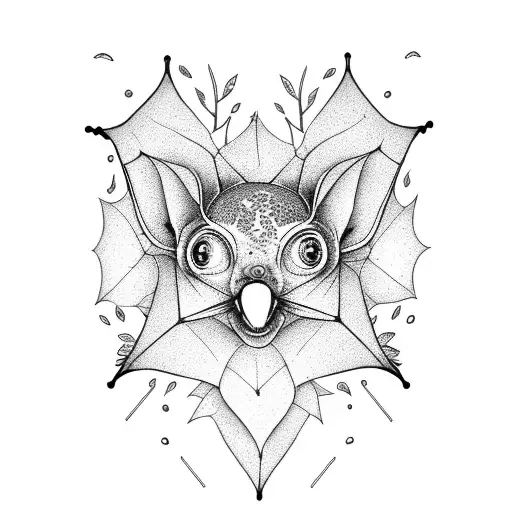 A dotwork tattoo of a fruit bat hanging upside down from a tree branch surrounded by intricate foliage tattoo design idea