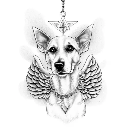 A dog with angel wings surrounded by chains, representing the idea that all dogs go to heaven tattoo design idea