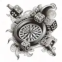 A leg tattoo featuring a roulette table with dice rolling on top, landing exactly on 21. The dice should not be too smal tattoo design idea