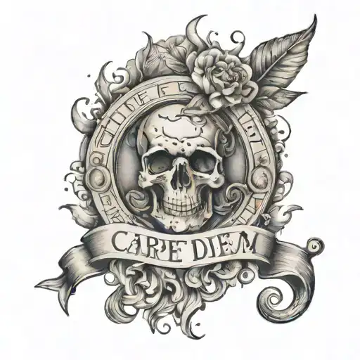 A tattoo featuring the Latin phrase 'Carpe Diem' intertwined with imagery of Roman gods and goddesses tattoo design idea