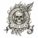 A tattoo featuring the Latin phrase 'Carpe Diem' intertwined with imagery of Roman gods and goddesses tattoo design idea