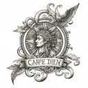 A tattoo featuring the Latin phrase 'Carpe Diem' intertwined with imagery of Roman gods and goddesses tattoo design idea