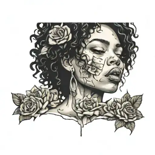 a black women curly hair crying shattered face with flowers in between  tattoo design idea