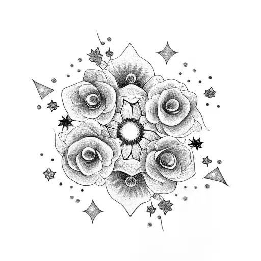 flowers with stars moon and sparkles  tattoo design idea