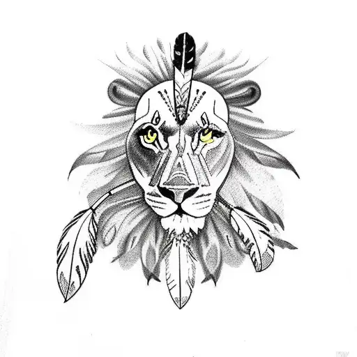 leg sleeve with indian chief headress, mandala, feathers and lion tattoo design idea