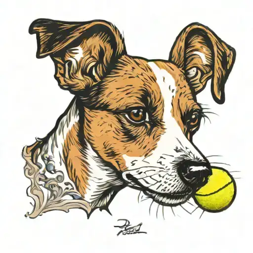 a jack russel terrier playing with a tennis ball tattoo design idea