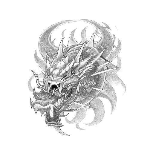 A black-grey tattoo of a fierce dragon coiled around a mechanical gear, representing the fusion of Japanese and engineering influences tattoo design idea
