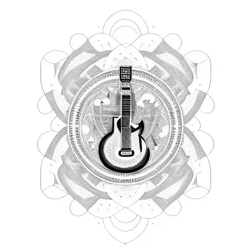 A blackwork tattoo of a guitar with physics equations woven into the design tattoo design idea