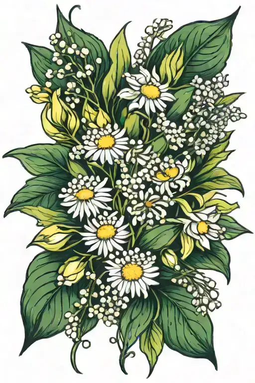 flower bouquet of lily of the valley, daisy's, chrysanthemum and aster tattoo design idea