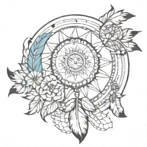 sun and moon mandala with dream catcher and feathers tattoo design idea