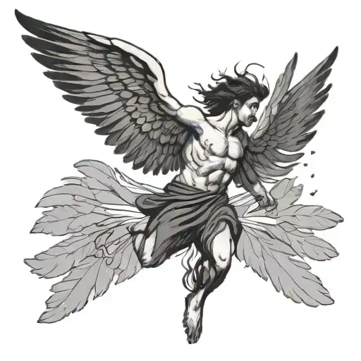 A minimalist black and grey tattoo of Icarus with wings spread, falling from the sky tattoo design idea