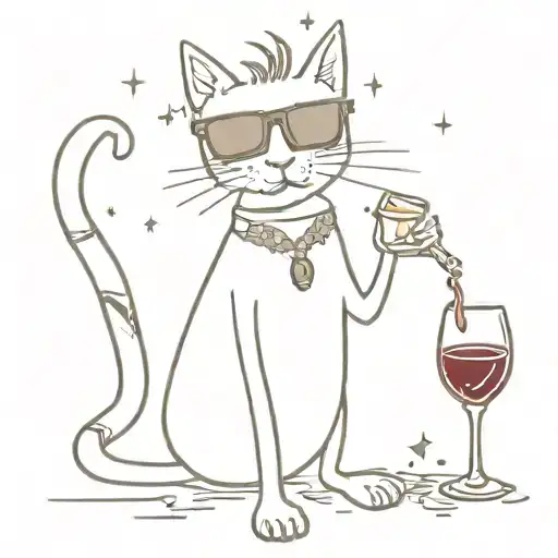 a random cat, with wine, and sparkles, and sunglasses,  tattoo design idea