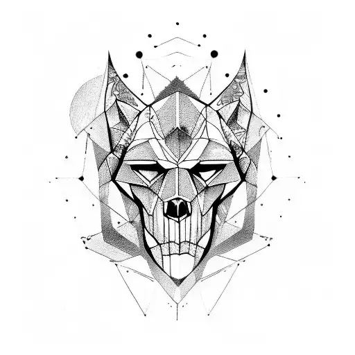 half geometric skull and wolf and half real tattoo design idea