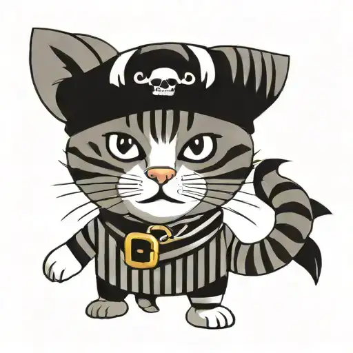 Grey and black striped tabby cat with white chest, chin, and legs, standing on its two hind legs dressed as a pirate tattoo design idea