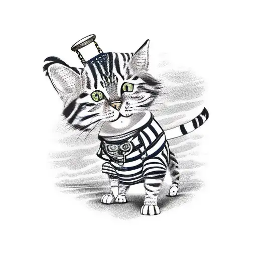 striped and spotted tabby cat, standing on its hind legs dressed as a pirate, with a wooden hind peg leg  tattoo design idea