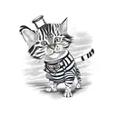 striped and spotted tabby cat, standing on its hind legs dressed as a pirate, with a wooden hind peg leg  tattoo design idea