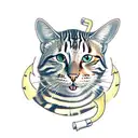 striped and spotted tabby cat, standing on its hind legs dressed as a pirate, with a wooden hind peg leg  tattoo design idea