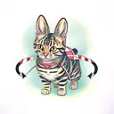 striped and spotted tabby cat, standing on its hind legs dressed as a pirate, with a wooden hind peg leg  tattoo design idea