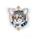 striped and spotted tabby cat, standing on its hind legs dressed as a pirate, with a wooden hind peg leg  tattoo design idea