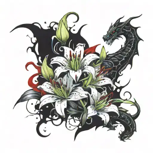 Gothic lillies with dragon wrapped tattoo design idea