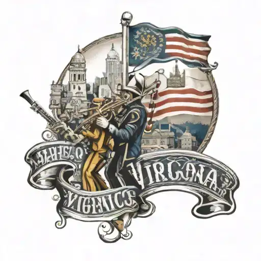 Marching Band with Virginia City skyline and henrico flag in the back Adding the letters HS in the middle tattoo design idea