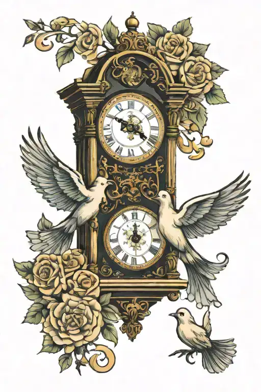 grandfather clock and dove on top with a halo and scroll in the middle tattoo design idea