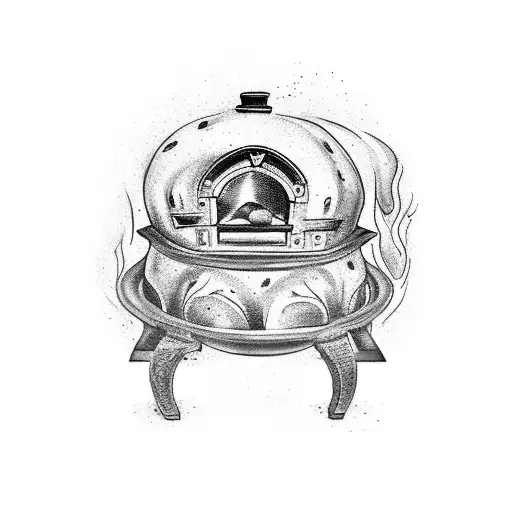 An intricate tattoo of a traditional Italian pizza oven with flames bursting out, symbolizing the passion for cooking and the love for Italian cuisine. tattoo design idea