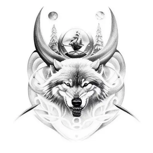 Tatuagem com temática nórdica, em que tem a presença de Odin matando um lobo gigante, Thor matando uma serpente gigante tattoo design idea