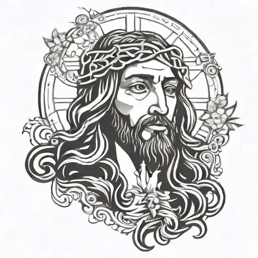 A stylized Jesus face design with a mix of blackwork and dotwork techniques, symbolizing the balance between spirituality and professional life tattoo design idea