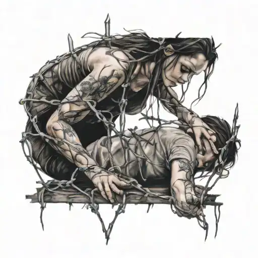 woman trapped in barbed wire crawling towards person tattoo design idea