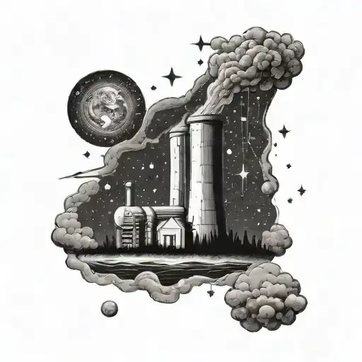 A dotwork tattoo of a nuclear power plant with a night sky background filled with stars and a howling wolf tattoo design idea