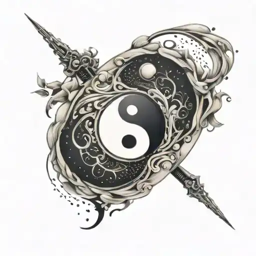 A tattoo design of a ying yang symbol where one side represents fatherhood and the other side represents the bond between a father and child tattoo design idea