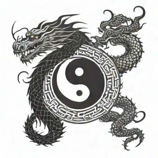 A yin yang symbol intertwined with a Chinese dragon, representing balance and power tattoo design idea