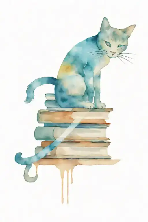 coffee stain background with stack of books and small cat tattoo design idea